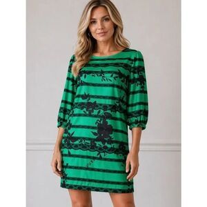 Uncle Frank Satin Floral Shift Dress Stripe Lace Trim Green Black S